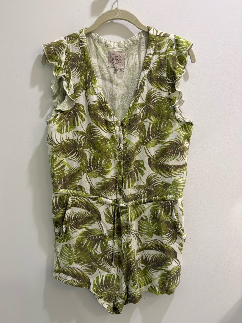 CHASER Palm Leaf Button Romper in Green and White by CHASER
